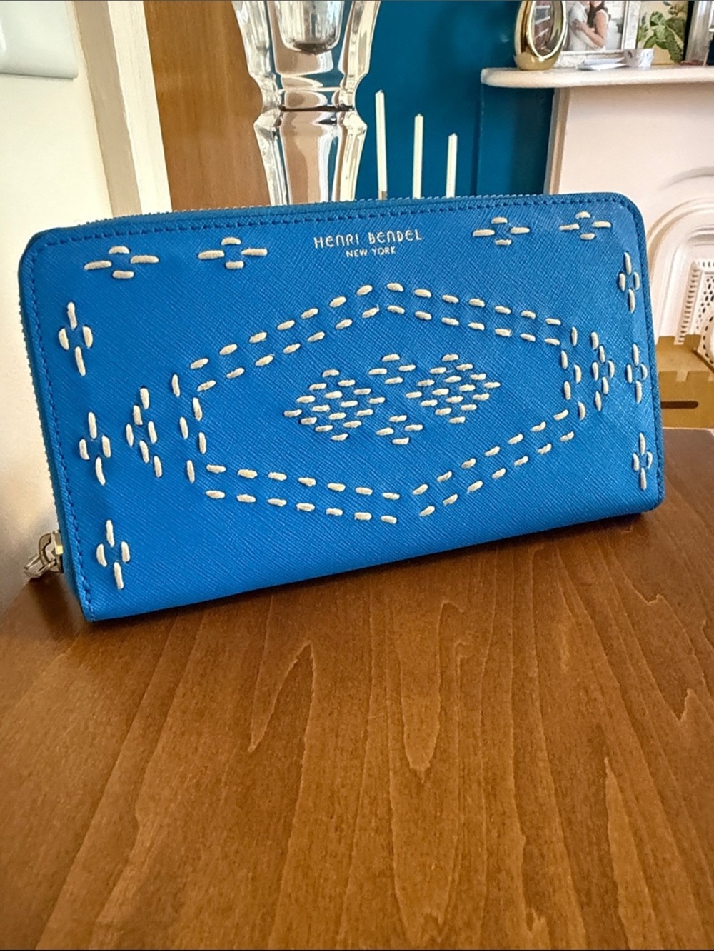 Henri Bendel Blue Zip-Around Wallet with White Stitching, Like New